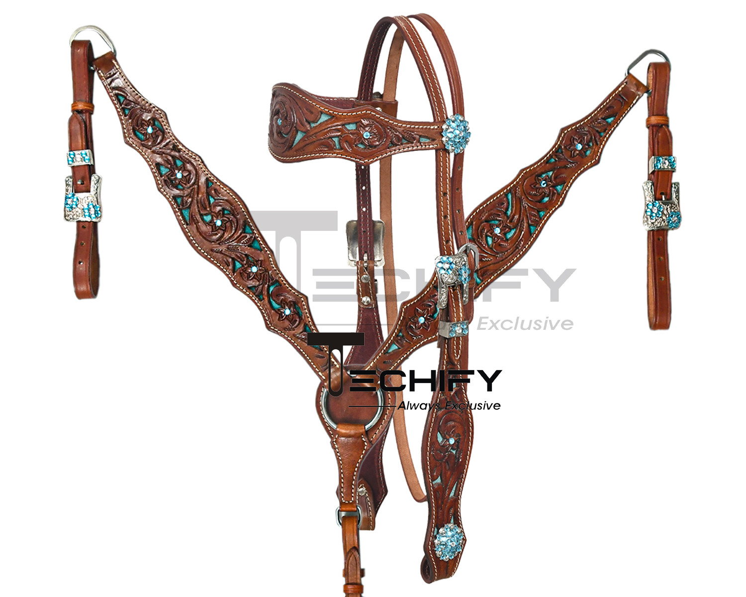 Western Horse Trail Barrel Headstall Breastplate set Tan colored leaf Tooling carving Traditional pattern Browband with Skyblue Suede lining