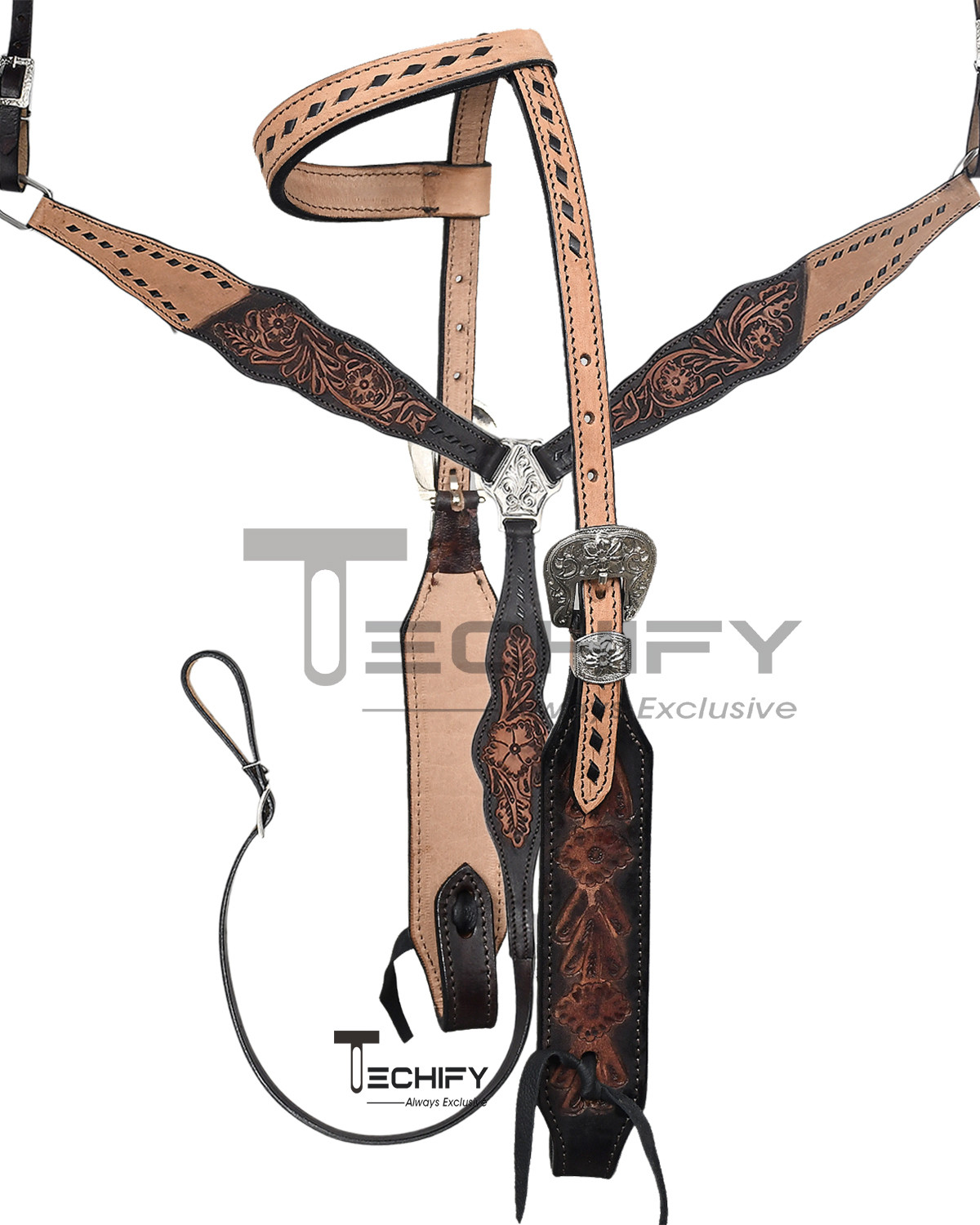 Western Horse Two tone Hand Painted Flower One Ear Headstall Bridle Breastplate Natural & brown colored Tooling carving and Rawhide weaving