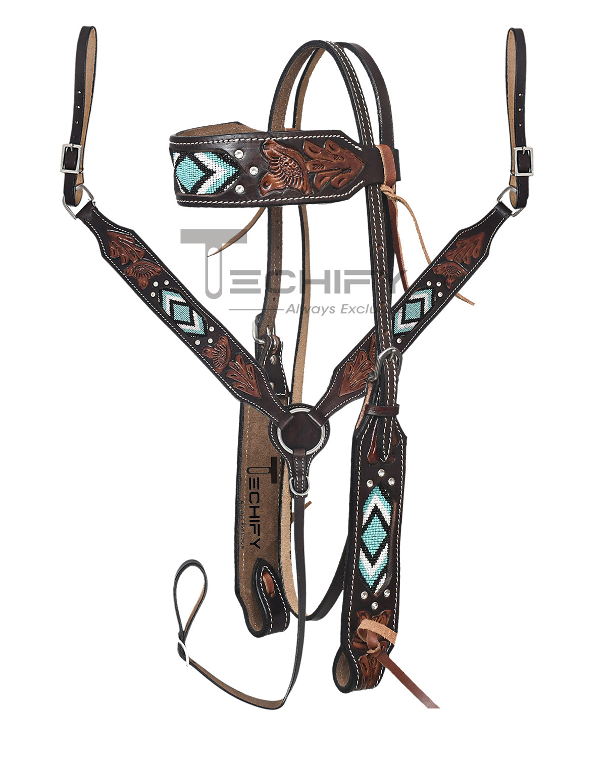 Western Trail Beaded Horse Headstall & Bridle Set with Hand-Painted Carving Brown leathercrafted with skyblue black white beads and crystals