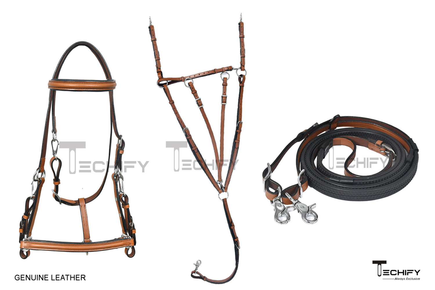 Premium Real Leather Endurance Halter Bridle Set with Breastplate, Running Martingale, and Wide Softy Leather Padding - Stainless Steel and Brass Hardware